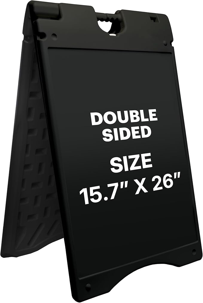 Jumbl A-Frame Signboard 15.7” x 26” Display Surface – Small Outdoor Sandwich Board w/Weather Resistant PVC Sign Protector & Sand Fill Holes – Dual Signage Stand for Storefront Sidewalk Curb (Black)