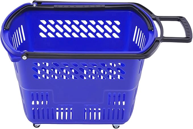 12PCS Plastic Shopping Basket with Handles & Wheels, 35L Rolling Shopping Carts, Grocery Basket with 4 Wheels and Handle, Portable Shopping Baskets for Retail Stores, Supermarkets (12PCS - Blue)