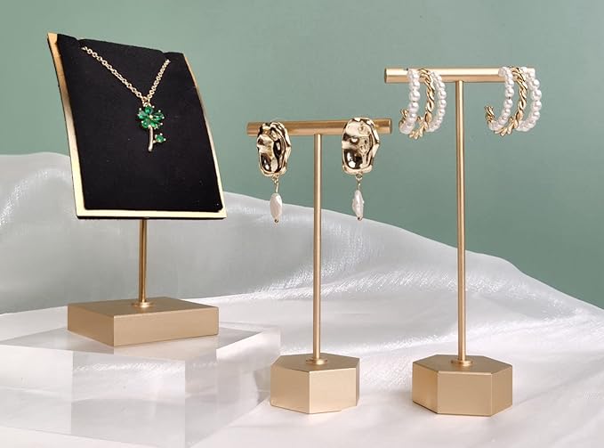 GemeShou Gold Metal 2pcs T Bar Earring Retail Display Stand for show, Tabletop Jewelry Tower Holder for Girl Women【Gold-Hexagon Base 2pcs Height 4.5" and 5.3"】
