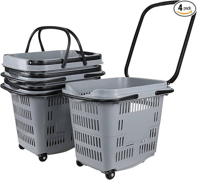 Readsky 4-Pack Large Plastic Rolling Shopping Basket with Handles, 50 L Shopping Basket with Wheels for Supermarkets Retail Stores, Gray