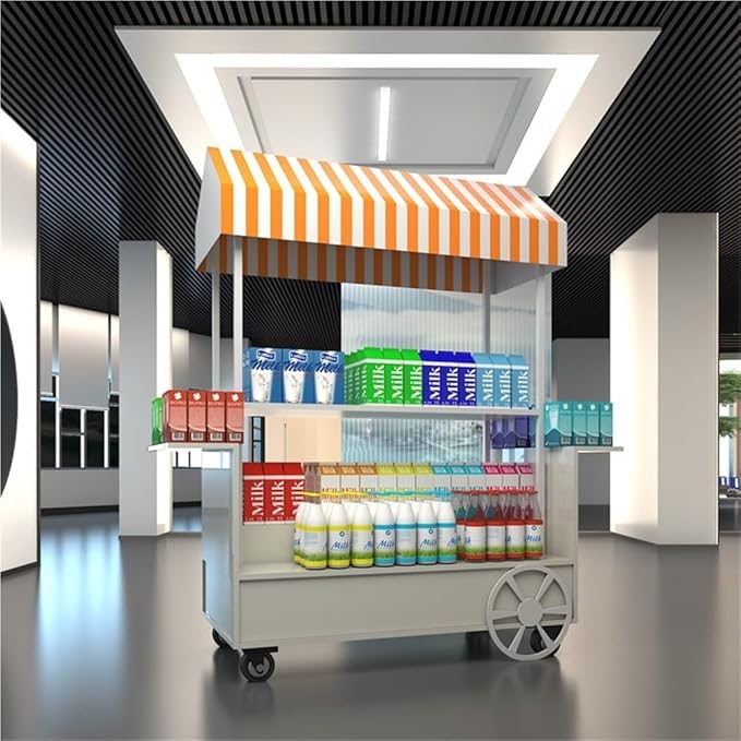 Portable Food Cart with Canopy, Mobile Vendor Display Stand with Lockable Wheels, Outdoor Food Stall Trolley, Foldable Commercial Display Cart for Market, Street Food & Events(White)