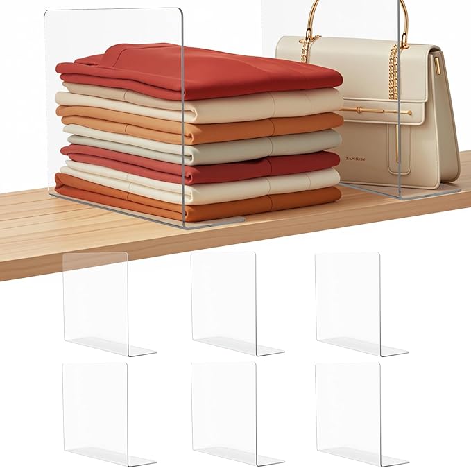 Acrylic Shelf Dividers for Closet Organization: 10" Tall x 12" Deep Closet Shelf Divider for Clothes Sweater Purse - Clear Closet Organizers and Storage Separators for Shelves, 6Pack