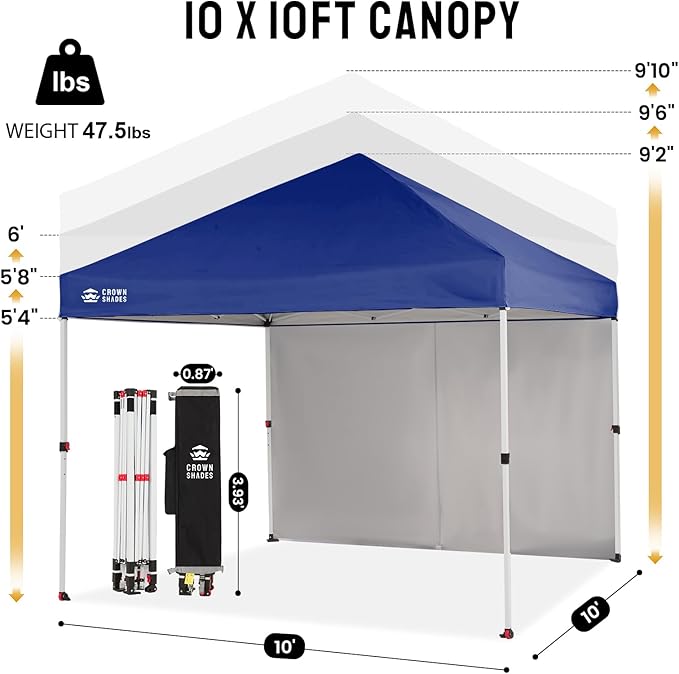 CROWN SHADES 10X10 Comercial Instant Canopy Pop Up Tent with Center Lock, 300D Fabric, 4 Sidewalls, Sto'N Go Bag, Navy Blue