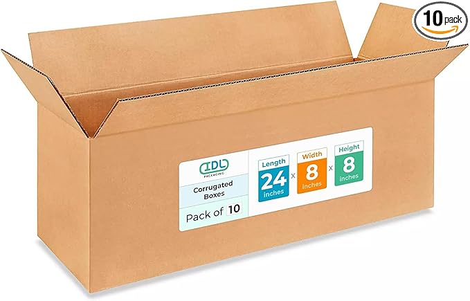 Long Moving & Shipping Boxes 24x8x8 inches (10-Pack) - Extra Strength 200 lb vs Regular - Corrugated Durable Cardboard Boxes - Long Cardboard Box - Packing and Moving Box by IDL Packaging