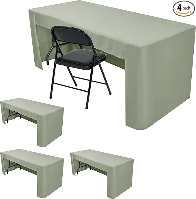 HolidayIdeas Open Back Fitted Tableclothss for 4 Foot Rectangle Table, Wrinkle Resistant Washable Table Covers 24x48 Inch for Craft Fairs, Banquets, Trade Show Display, Sage Green,4 Pcs