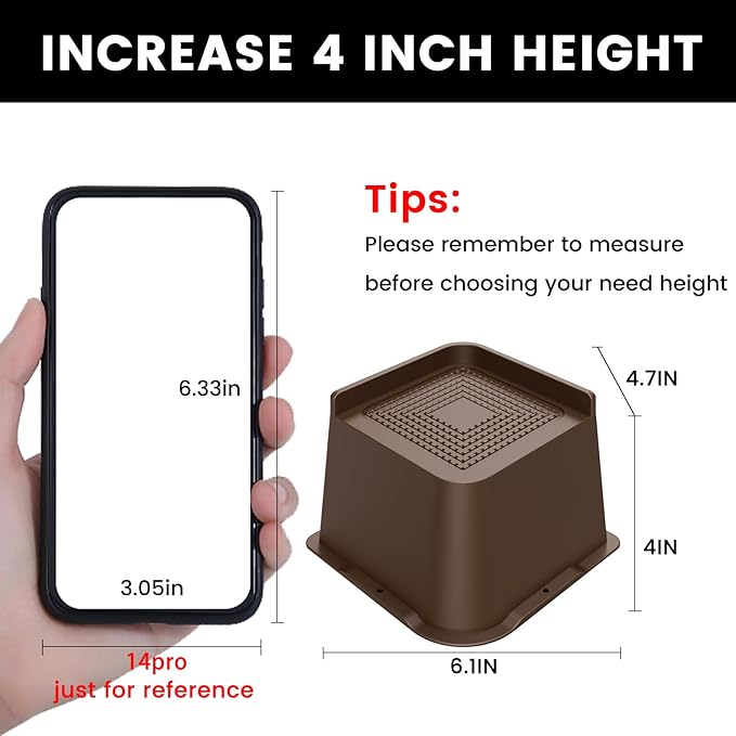 Bed Risers 2 inch, 3 inch, 4 inch, 6 inch or 8 inch Heavy Duty Furniture Risers, Up to 6000 Lbs L Shaped Design Bed Lifts Blocks for Couch Desk Sofa Table (Dark Brown 4 Pack, 4 Inch)