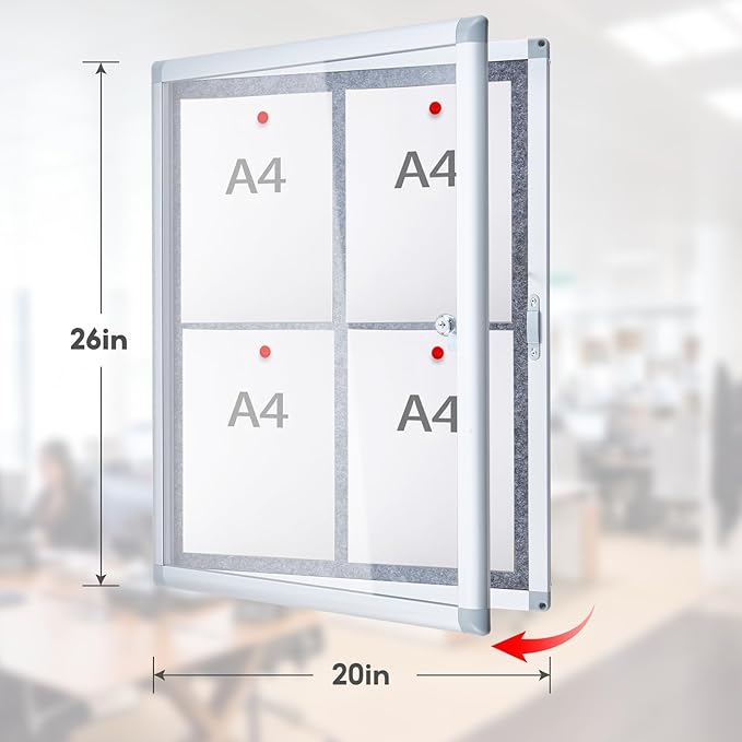 Enclosed Bulletin Board 20x26 Inch Outdoor Notice Board Tamper-Proof Flannel Lockable Display Cases with Aluminum Frame, All Weather Pinboard for Hospital, Restaurant Kitchen, Office