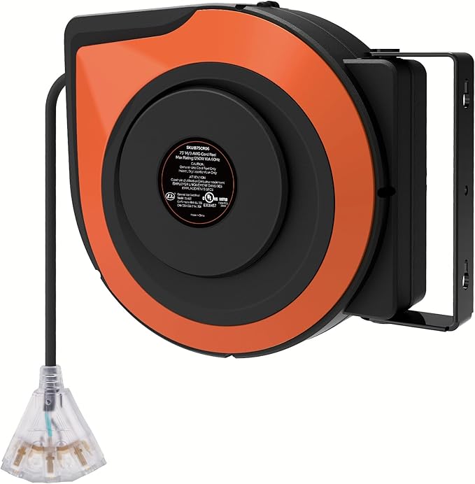 Retractable Cord Reel, 75 FT Heavy Duty Extension Cord, 14AWG/3C SJTOW, 3 Grounded Outlets Lighted Triple Tap, 10A Circuit Breaker, Wall/Ceiling Mounted, UL Listed, Black B75CR06