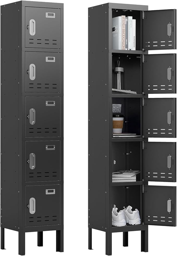 Metal Lockers - 66" Height Steel Lockers for Employees with 5 Door Storage Locker with Card Slot for Employees Gym School Home Office Garage - Assembly Required