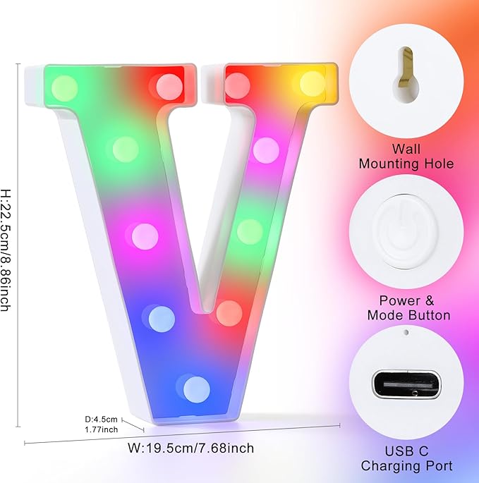 mooncow Rechargeable Light Up Letters,Colorful Marquee Letters with Remote,Gift Wrap Gifts,Bedroom Home Bar Party Decor (V)