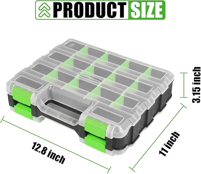 Generic Tool Box with Transparent Lid, Double Side 34-Compartments Organizer Box with Removable Dividers for Hardware, Screws, Bolts, Nails, Beads, Jewelry and Fishing Accessories, Green, 2 Packs