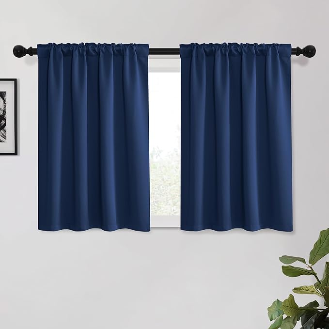 KGORGE Short Blackout Curtains 45 inch Length, Rod Pocket Privacy Room Darkening Drapes Thermal Insulation Noise Reducing Curtains for Bedroom Kitchen, W52 x L45 inches, Blue, 2 Panels