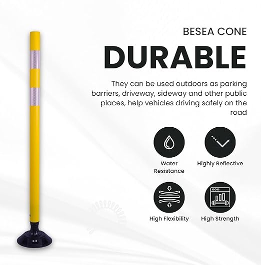 BESEA 8PCS 48" Traffic Delineator Posts with Detachable Base & High-Visibility Reflective Collars,Yellow Durable Flexible Safety Cones for Work Zones, Parking Lots, and Roadways