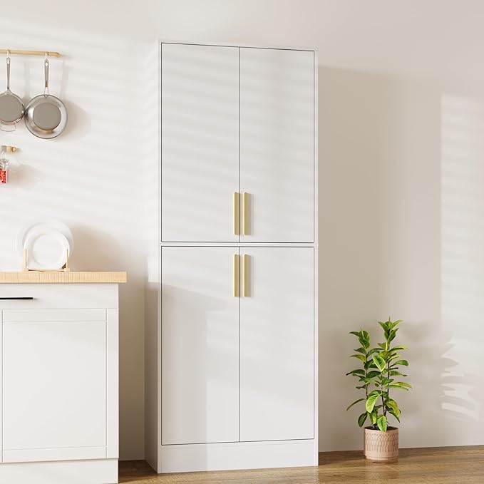 71" Tall Pantry Cabinet with 4 Doors, Kitchen Pantry Storage Cabinet, Freestanding Larder Cupboard, Kitchen Hutch with Gold Handles for Dining Room, Bathroom, White