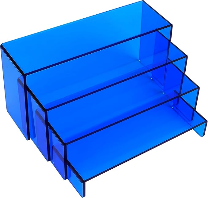 ELEGANTLIFE Acrylic Display Riser,4.3mm Heavy Duty Crystal Display Stand Shelf Layered Aesthetic, Jewelry Display Shelf Risers for Décor,4 Pack Set Multi-color (Blue)