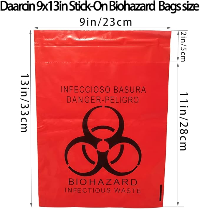 100pcs 9x13in/23x33cm Stick-On Biohazard Infectious Red Waste Bags