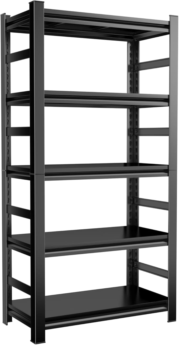 Garage Shelving Units, Heavy Duty 5-Tier Storage Shelves, Metal Adjustable Storage Rack, Steel Shelves, 2750 lbs Capacity, Industrial Shelving for Heavy Tools (Black, 5TIER 16"Dx32"Wx63"H, 5TIER)