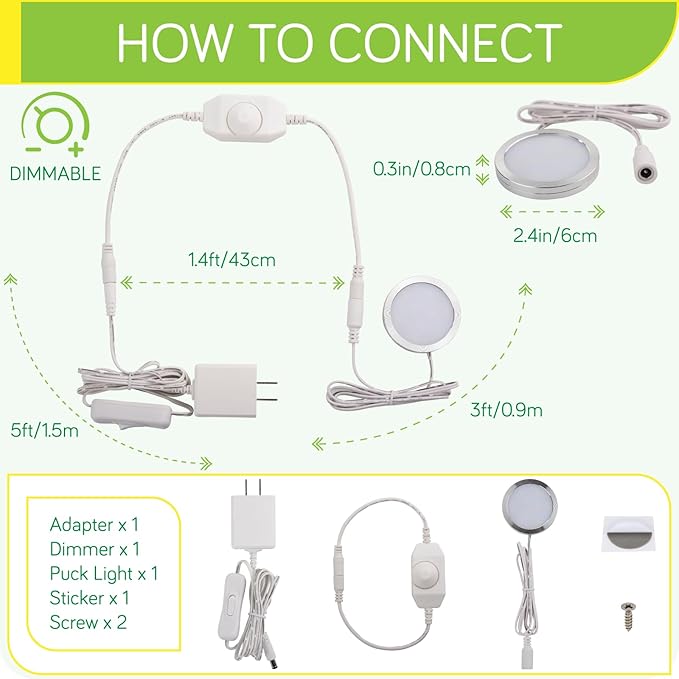 Under Cabinet Lighting, Single LED Puck Light for Kitchen Counter Cabinet Closet Accent Lighting, Rotary Dimmer Switch, 120VAC Plug in, White Cord, Cool White