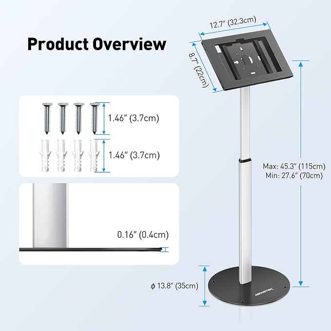 AboveTEK Anti Theft iPad Floor Stand, Robust Security Kiosk POS Tablet Stand, Height Adjustable Tablet Floor Stand w/Lock and Key Mechanism for 10.9-11" iPad & Galaxy Tab, Ideal for Retail Business