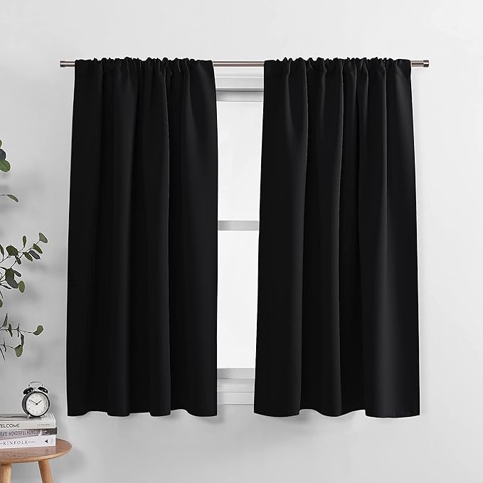 PONY DANCE Bedroom Blackout Curtains - Light Block Solid Soft Rod Pocket Energy Efficient Thermal Insulated Blackout Curtain Panels/Window Drapes for Home Decor, 52 by 45 in, Black, 2 Pieces