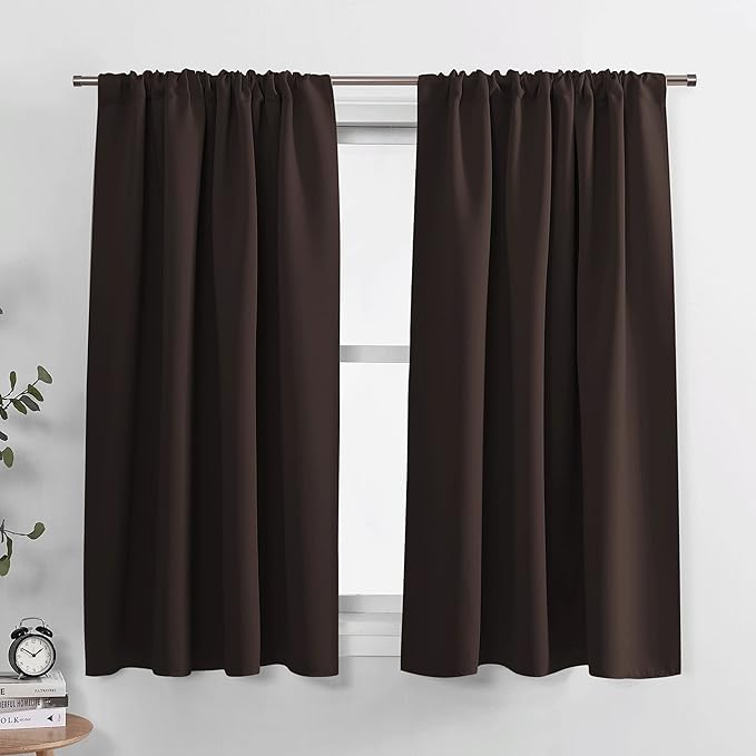 PONY DANCE Short Black Out Curtains 40 inch Long for Small Window, Rod Pocket Privacy Bathroom Draperies, Lighting Blocking Drapes for Basement(2 Panels Set,Chocolate Brown, W42 x L40 inches)