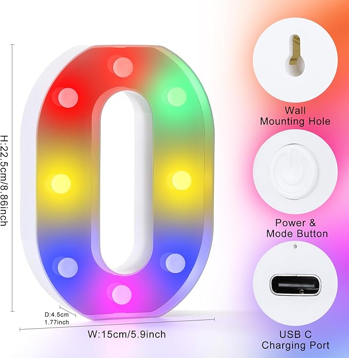 mooncow Rechargeable Light Up Letters,Colorful Marquee Letters with Remote,Gift Wrap Gifts,Bedroom Home Bar Party Decor (O)