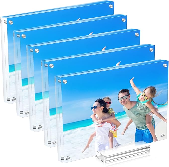 5 Pack Acrylic Picture Frame 4×6 Clear Double Sided Magnetic Photo Frame - Frameless Baby Friend Family Picture Desktop Display with Support Stand and Gift Boxes