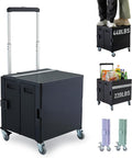 Folding Utility Cart Portable Rolling Crate Handcart Shopping Trolley Collapsible Tool Box, with Lid, on Rotate Wheels, for Grocery, Shopping, Office, Teacher, Camp,File (Black)
