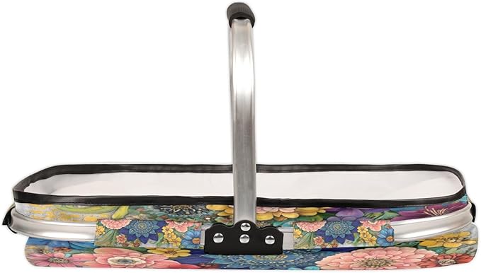 Flowers Collapsible Market Basket, Colorful Floral Leakproof Folding Collapsible Portable Picnic Basket Strong Aluminum Frame for Travel, Shopping, Camping & Lake Trips