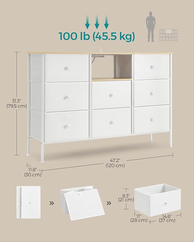 SONGMICS Dresser for Bedroom, Fabric Dresser with Power Outlets and LED Lights, TV Stand for up to 60 Inch TVs, 25 Colors, 11.8 x 47.2 x 31.3 Inches, Cloud White and Oak Beige ULTS518W01