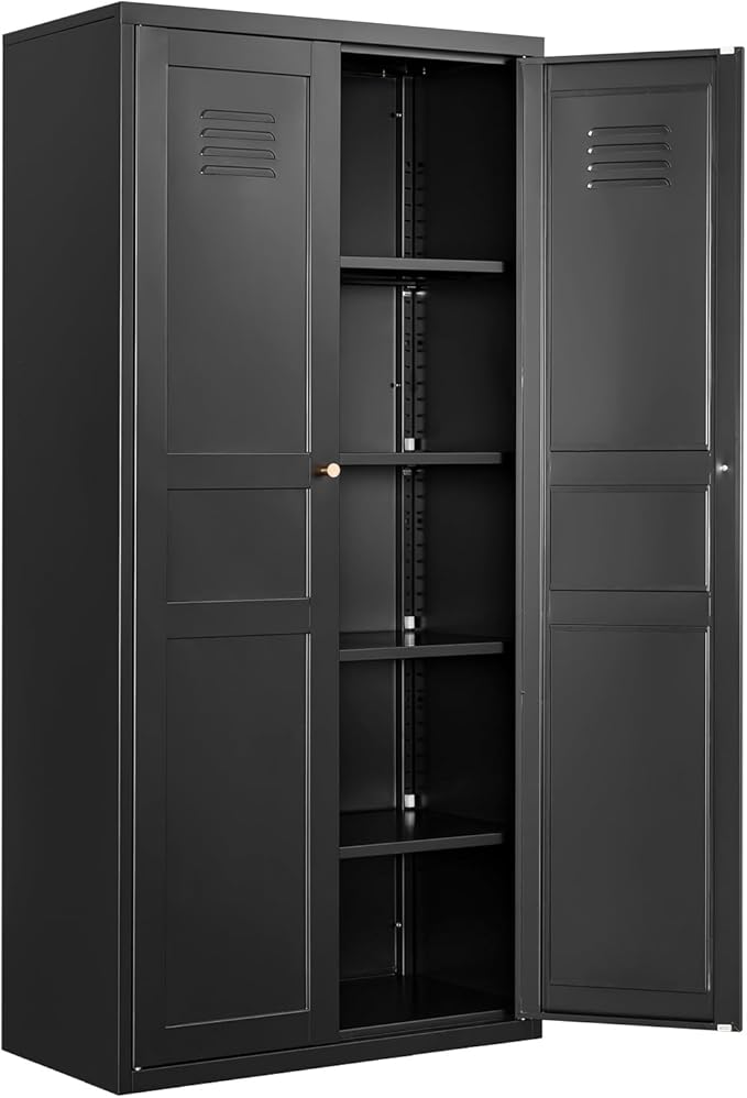 Metal Storage Cabinet-71” Tall Steel File Cabinets with Doors and 5 Adjustable Shelves-Black Steel Storage Cabinet for Home,Kitchen, School, Office, Garage