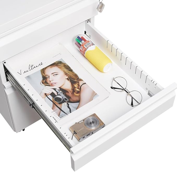 Lispin 3-Drawer Mobile Filing Cabinet with Lock, Office Storage Filing Cabinet of Legal/Letter Size, to be Installation Required (White + Metal + Modern)
