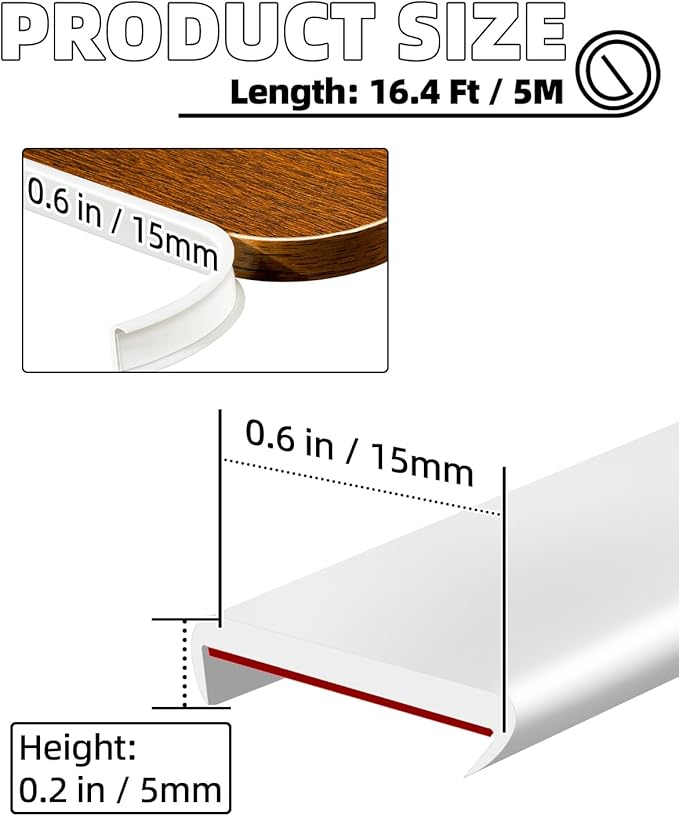 U-Shape White TPE Edge Banding 16.4Ft Self-Adhesive Flexible Edge Trim, Furniture Edge Protector & Countertop Molding (W:0.6'' H:0.2'')