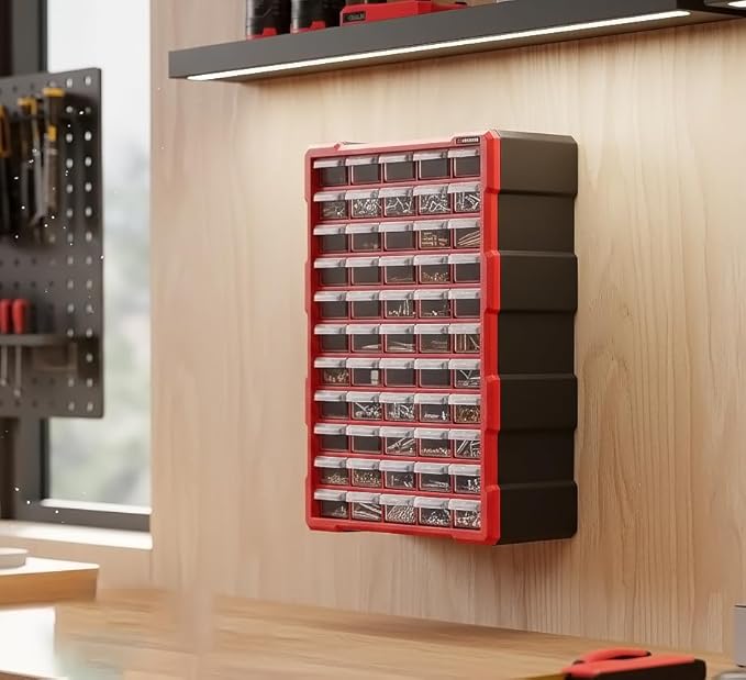 INTERTOOL Small Parts Organizer for Hardware & Screws | 60 Removable Bins with Dividers | Wall Mount or Desktop Craft & Lego Storage Cabinet | 19” x 15” x 7” BX08-4016