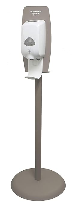 Hand Sanitizer Floor Stand; Self-righting Base, Bay Gray Powder-Coated Steel Made; in The USA (Back Plate) Made in China (Column and Base); 18.00" L x 18.00" W x 54.73" H