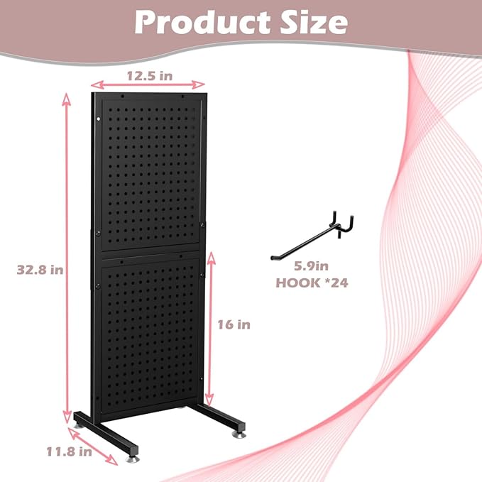 Metal Pegboard Shelf - Peg Board Display Wall Mount with 24 Hooks, 12.5x32.8 In Portable Garage Desktop Pegboard Organizer Retail Display Rack For Jewelry Hair Accessories, Mobile Phone Shop/Black