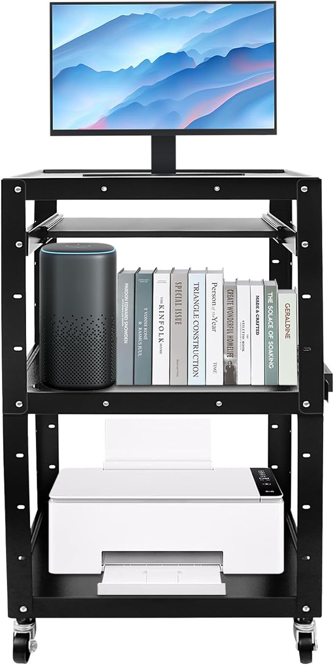 Steel Rolling AV Cart on Wheels, Commercial Furniture Mobile Utility Rolling Media Carts Computer Workstation with Height Adjustable Shelf, Keyboard Tray, Power Outlet and Plugs for Home Office, Black