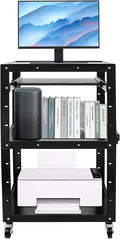 Steel Rolling AV Cart on Wheels, Commercial Furniture Mobile Utility Rolling Media Carts Computer Workstation with Height Adjustable Shelf, Keyboard Tray, Power Outlet and Plugs for Home Office, Black