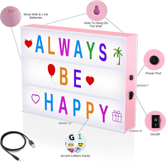 Cinema Light Box,Cool Stuff Christmas Birthday Gifts for 8 9 10 11 12 Year Old Teen Girl/Women,DIY Lightbox for Teen Girls Room Decor,Light Up Letters Board with 212 Letters and Emojis -Pink
