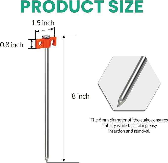 Tradesparker Tent Stakes 22-Pack 8Inch Heavy Duty Garden Stakes Canopy Anchors Double-Sided Hook Design - Includes Ropes for Camping Tents, Pop Up Canopies and Outdoor Events, Green