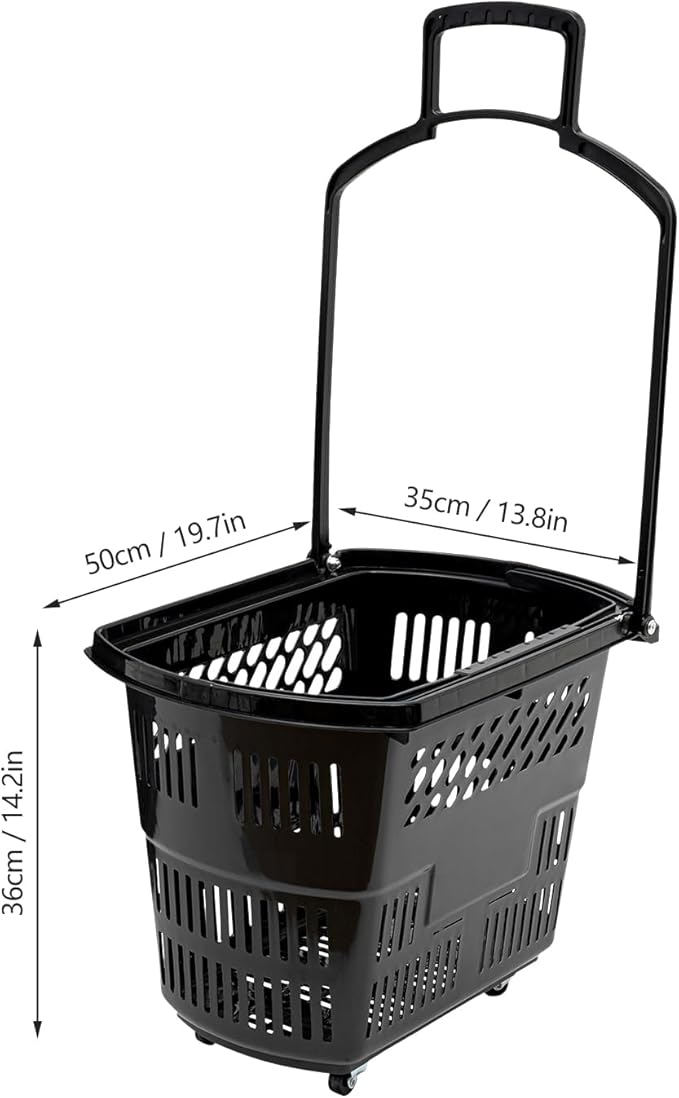 6PCS Plastic Shopping Baskets,35L/9.2Gal Trolley Rolling Shopping Cart Set with Wheels,Grocery Basket w/Handles,Portable Utility Cart for Supermarket,Retail Store,Laundry,Fruit Stores (Black)