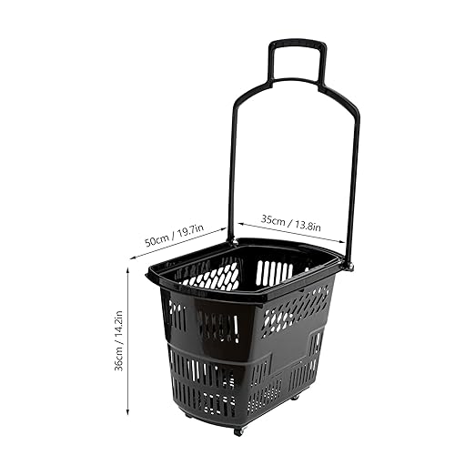 35L 6PCS Black Shopping Baskets with Wheels, Portable Rolling Shopping Basket Cart, Heavy Duty PP Plastic Storage Basket with Handle, 50kg Load Capacity for Supermarket, Retail Store, Warehouse