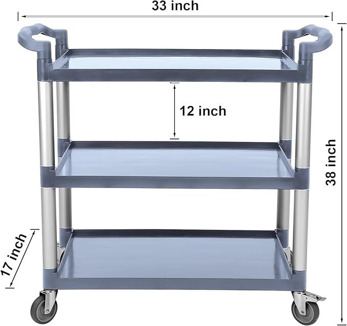 3-Tier Heavy Duty Rolling Cart with 360° Lockable Wheels, 120lbs Per Shelf Storage Utility Cart for Kitchen, Restaurant，and Office Use, Multifunctional Storage,Grey