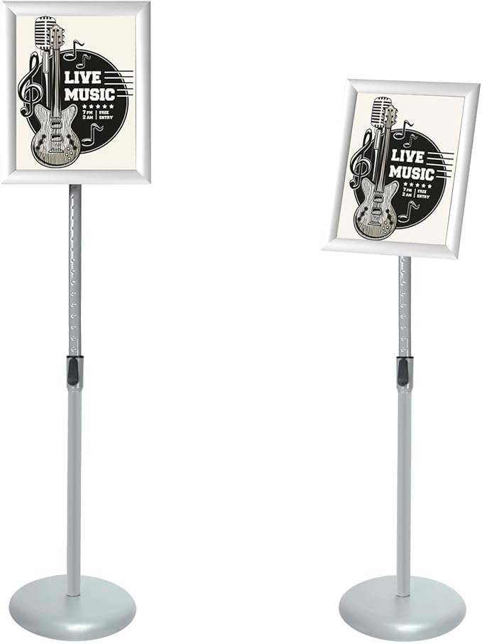 Adjustable Pedestal Poster Sign Stand with Heavy Duty Base Sign Holder Aluminum Snap Open Frame for 8.5 x 11 inches Both Vertical and Horizontal View Displayed Used for Living and Business(Silver）