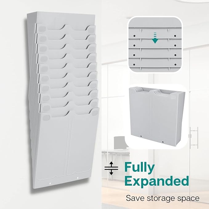 Flexzion Time Card Holder Wall Mount Expandable Time Clock Rack Double Row 20 Slot Rack Card Holder for 7 x 3.46-Inch Timesheets for Attendance Payroll Employee Assignment in Out Timecard Rack, Gray