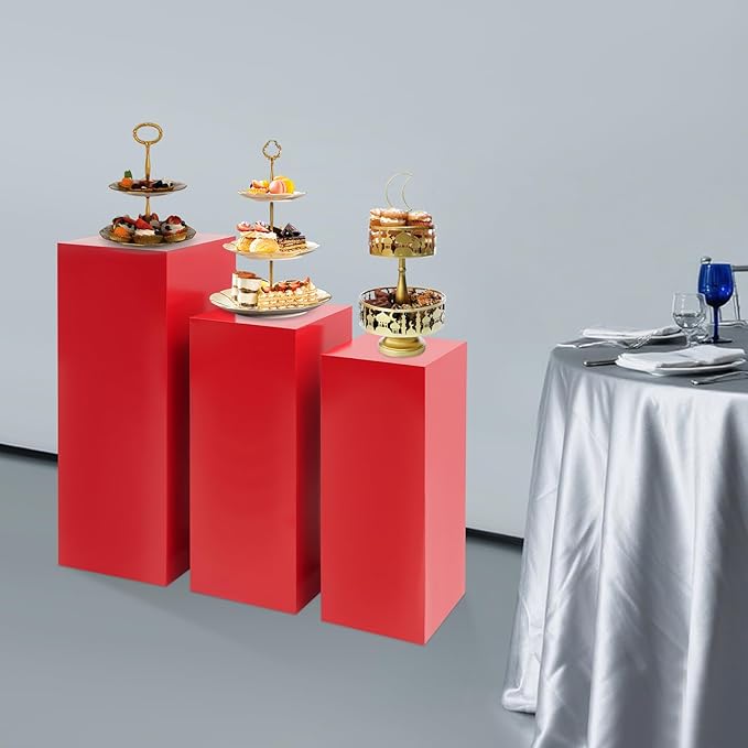 3Pcs Metal Pedestal Stand for Party, Large Red Cake Stand, Pedestal Display Plinth Pillars for Wedding Ceremony Birthday Party Art Decor, Column Decorative Cube for Wedding Dessert Table Display