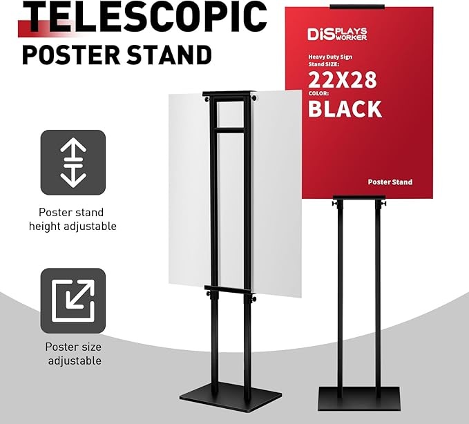 DISPLAYSWORKER Poster Stand for Display,Double Sided Banner Floor Stand with heavy duty Metal Base, Adjustable Pedestal Signage Up to 78 inches for Board & Foam Sign (Double-Pole)