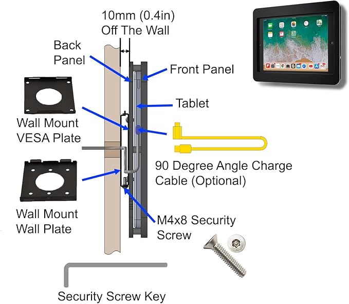 TABcare Anti-Theft Acrylic VESA Enclosure for Apple iPad Pro 11" 2024 M4 2025 M5 with Free Wall Mount Kit & 90-Degree Angle USB C Cable (Black)