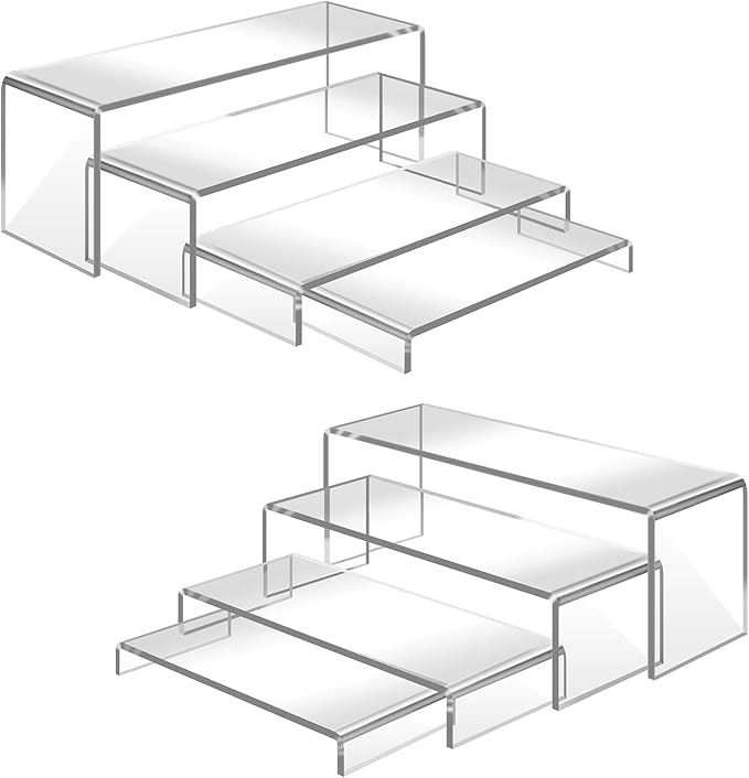 8 Pcs Large Acrylic Display Risers, 2 Sets Clear Stands, 0.19" Thick Rectangular Shelf for Showcase, Dessert, Toys, Perfume