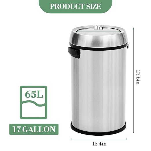 17 Gallon/65L Trash Can, Heavy Duty Stainless Steel Swing Top Trash Can, Fingerprint-Proof Round Kitchen Trash Bin with Swing Lid, Commercial Garbage Can for Restaurant, Home, Office(Silver)